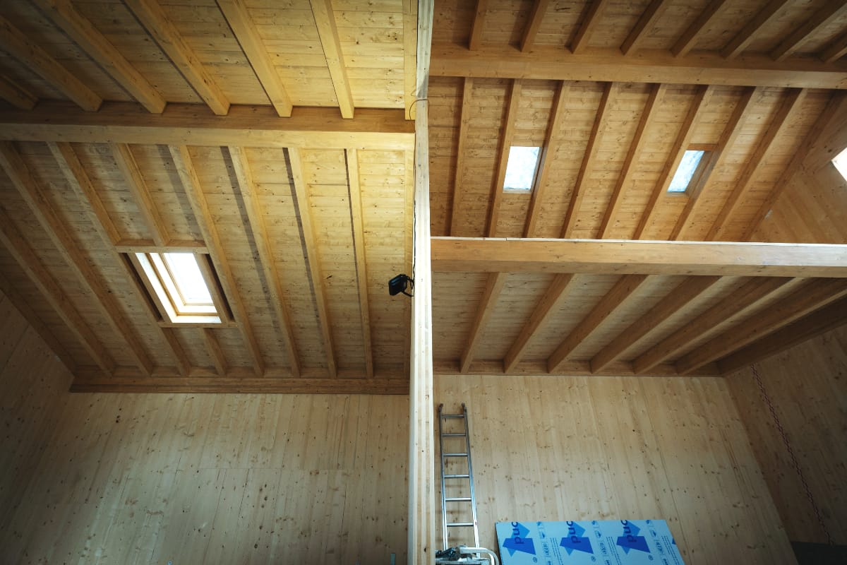 Casa in legno in bioedilizia interno travature tetto